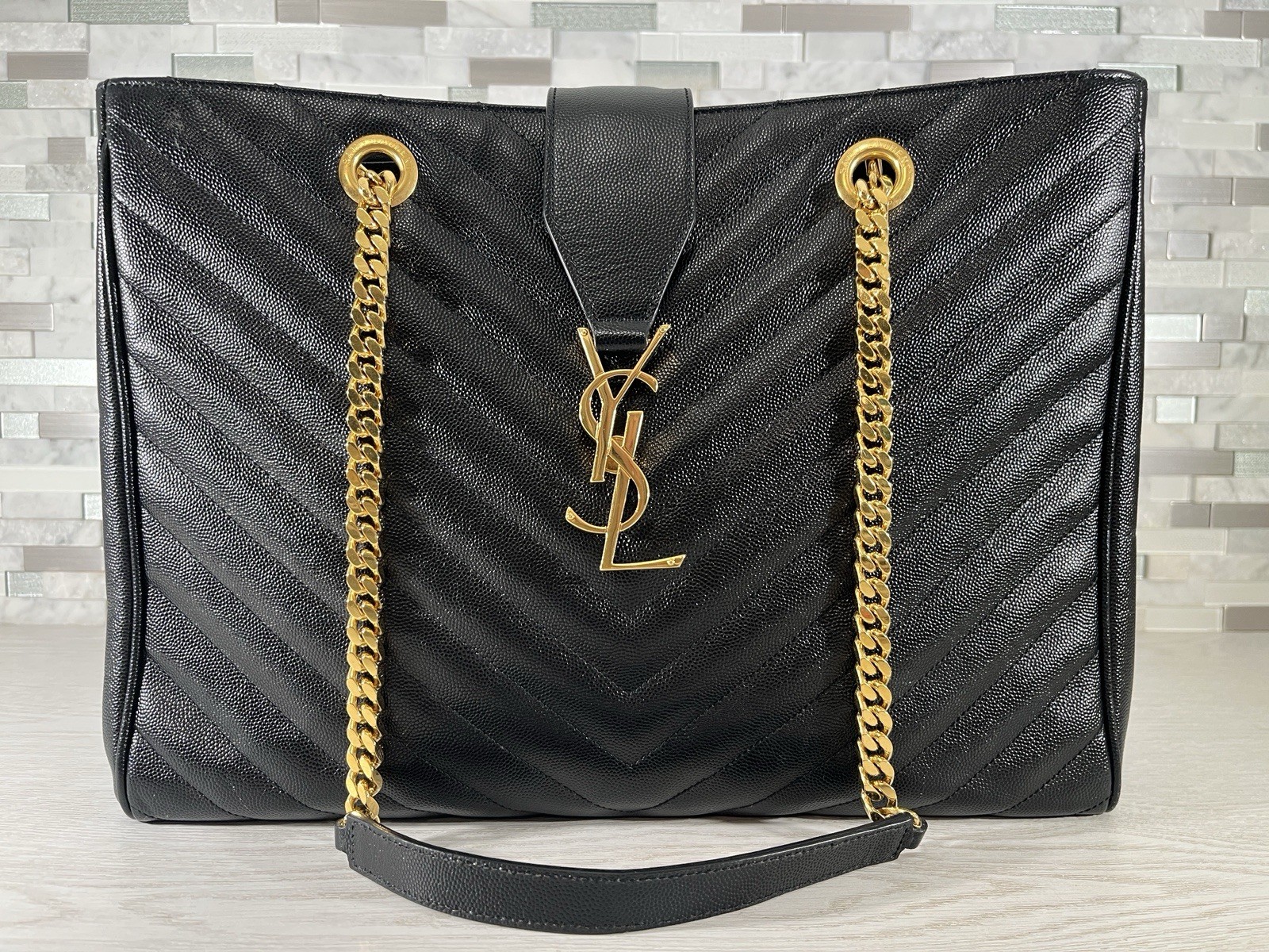 Saint Laurent YSL Shopper Tote Cassandre Black Matelasse Monogram Chevron w/ Tag