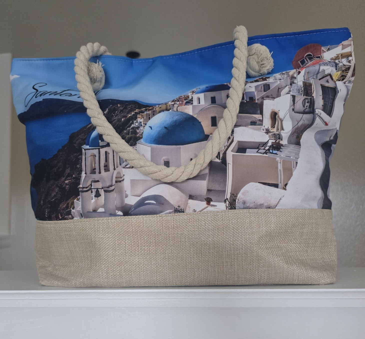 Santorini Scenic Print Tote Bag, Rope Handles, Shoulder Strap, Blue Beige White
