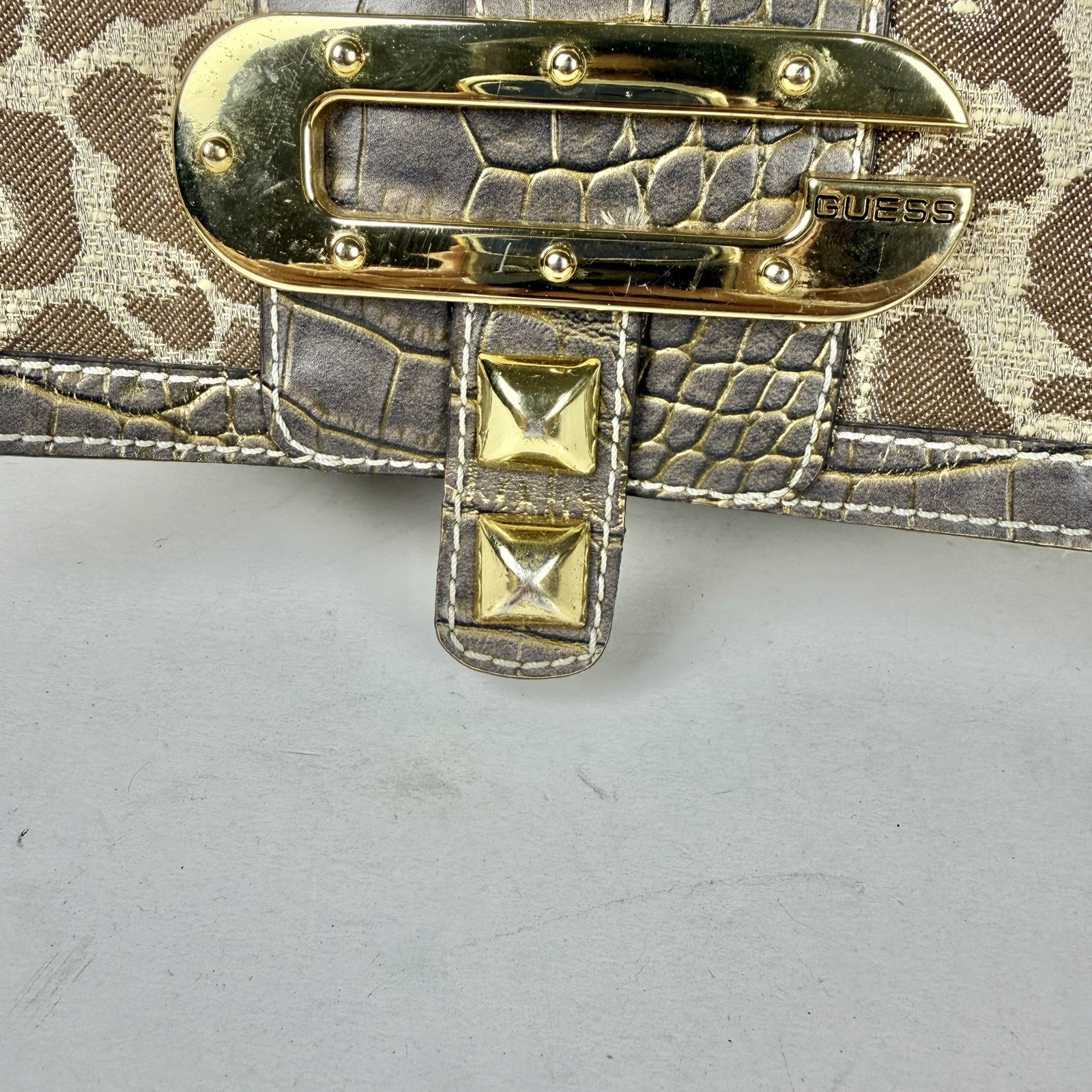 Guess Vintage Leopard Print Croc Trim Studded Satchel Gold Hardware Logo Handbag