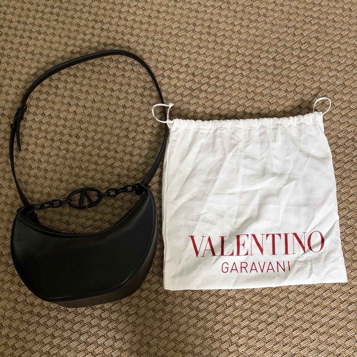 Valentino Garavani VLogo Moon Black Crescent Shoulder Bag Zip Chain, Dust Bag