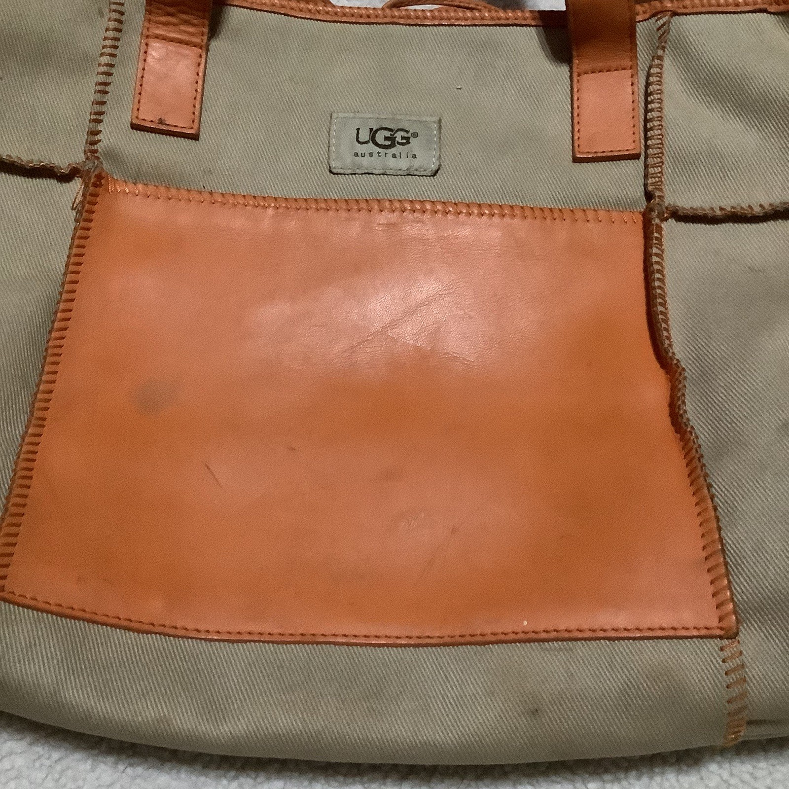 UGG Australia Medium Tote Bag Canvas Leather Beige Orange 9.5 x 13 Inch FLAWS