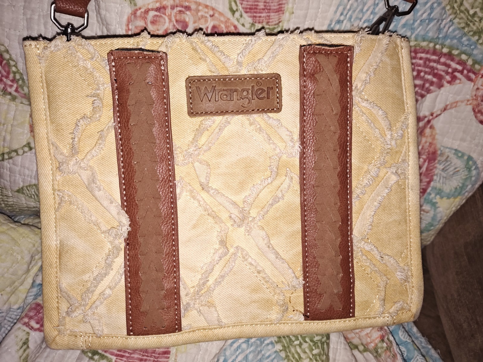 Wrangler Denim Denim Frayed Fringe Canvas Tote/Crossbody – Brown