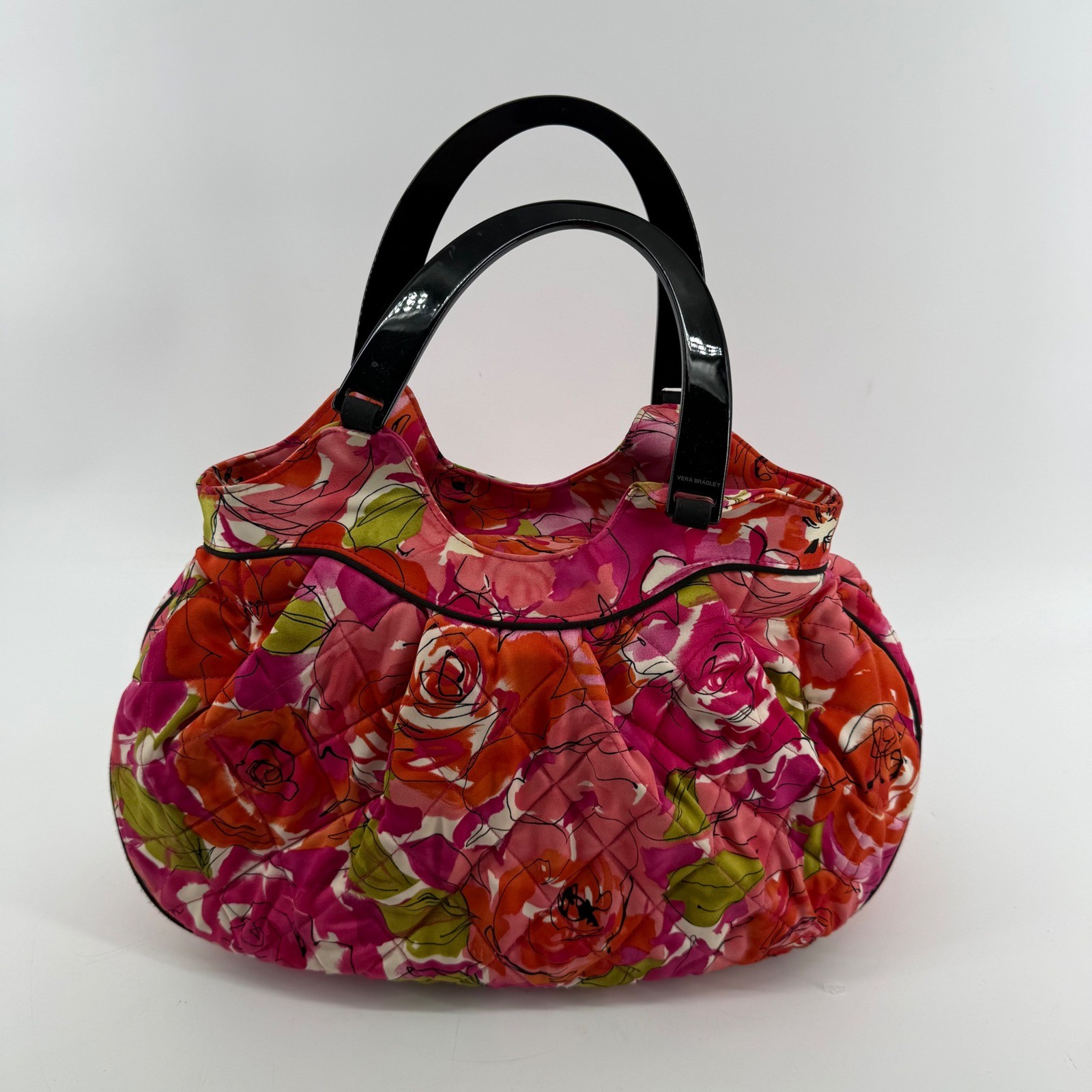 Vera Bradley Camellia Floral Quilted Cotton Satchel Handbag Black Acrylic Handle