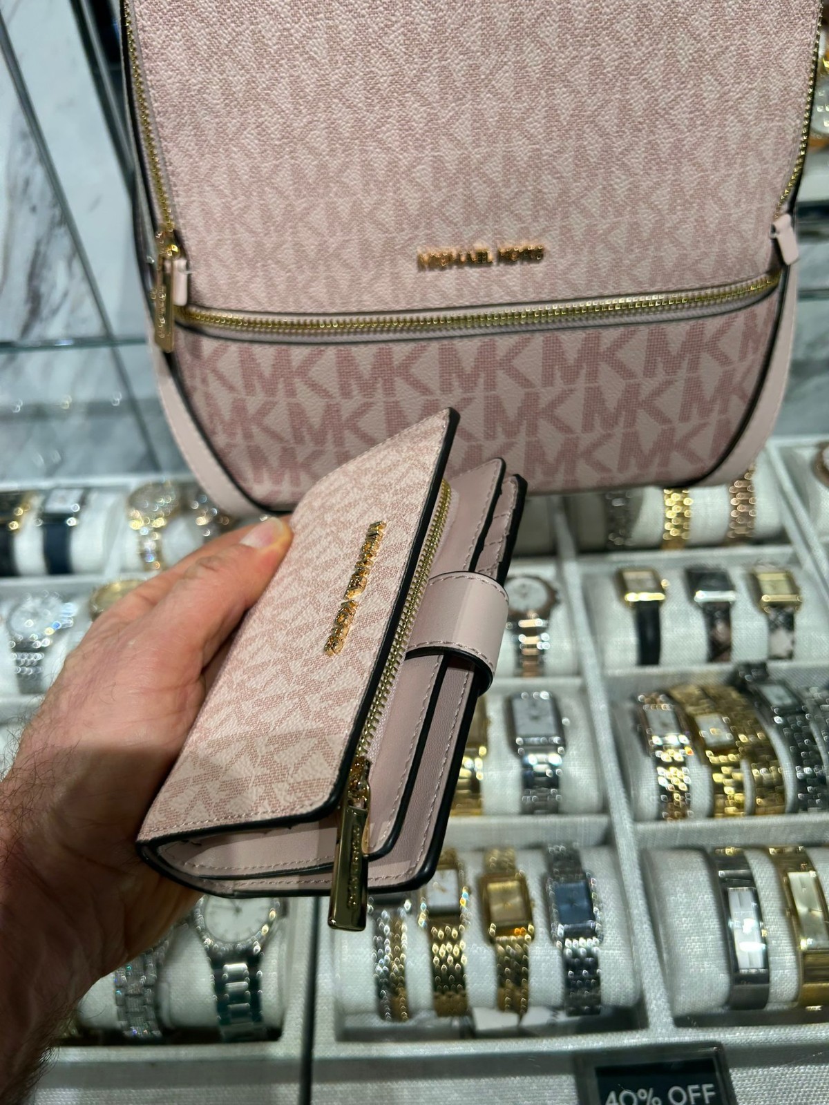 Michael Kors Rhea Medium Backpack Women PVC Bag + Bifold Wallet Set Powder Blush