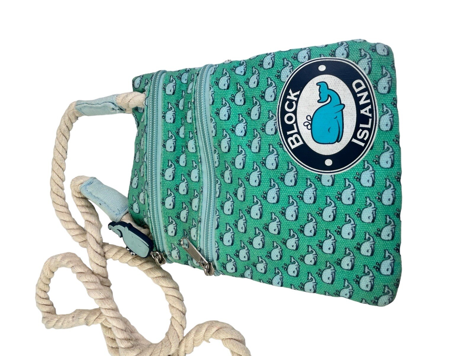 Block Island Mini Zip Crossbody Bag Double Zip Whale Pattern Logo Rope Strap