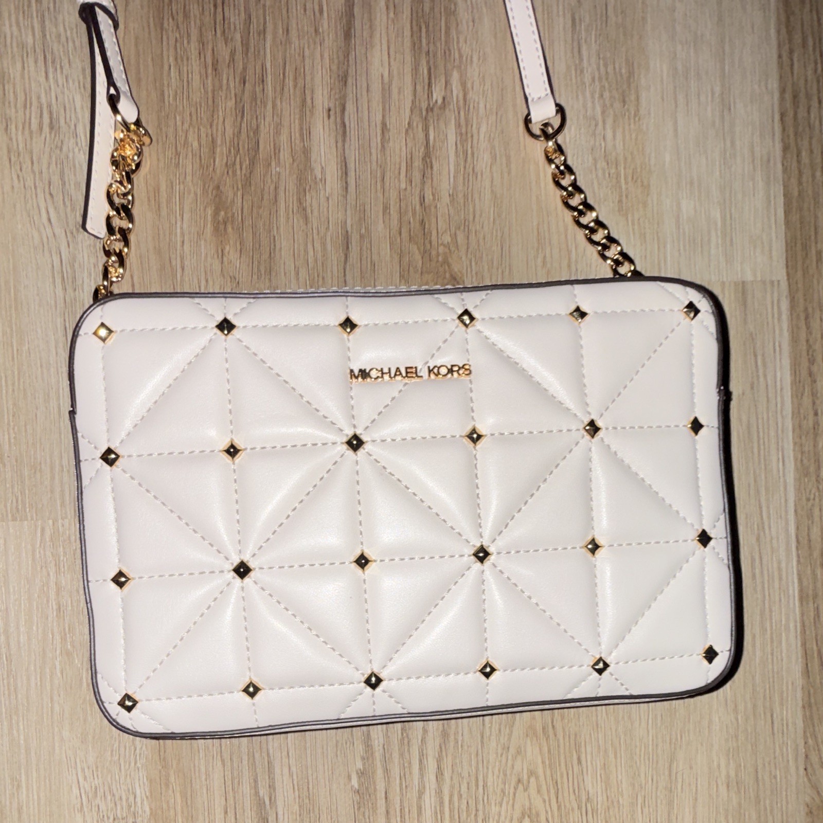 Michael Kors White Studded Crossbody Bag Zip Closure Chain Strap Gold Hardware