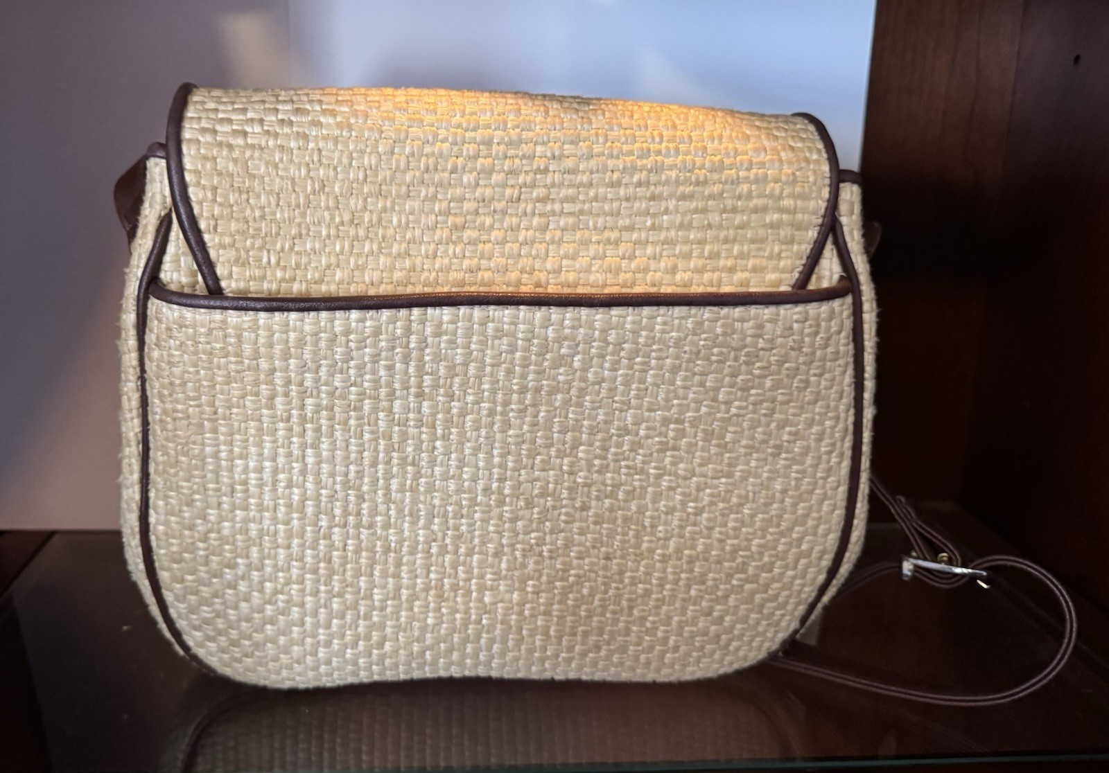 Etienne Aigner Woven Straw Shoulder Bag Brown Trim Classic Logo Gold Hardware
