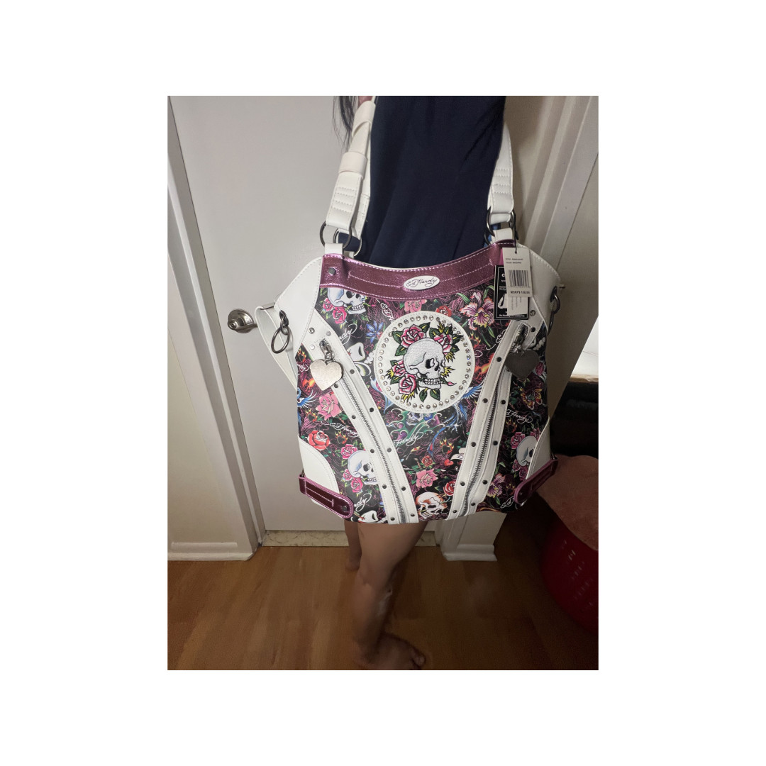 NWT Ed Hardy Skull Roses Rhinestone Studded Crossbody Hobo Bag Tattoo Print Y2K