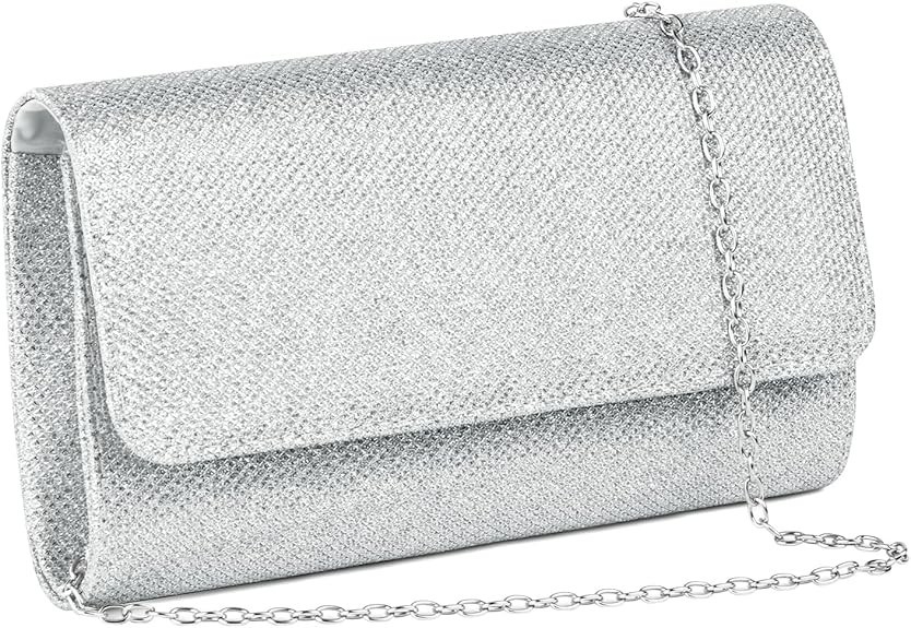 Rhinestone Evening Clutch Purse Silver Sparkling Wedding Party Bag w/ Chain