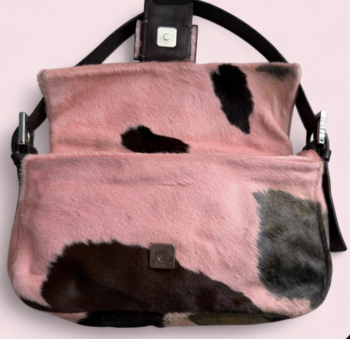 Fendi Pony Hair Print Shoulder Bag FF Buckle, Magnetic Closure Pink/Brown