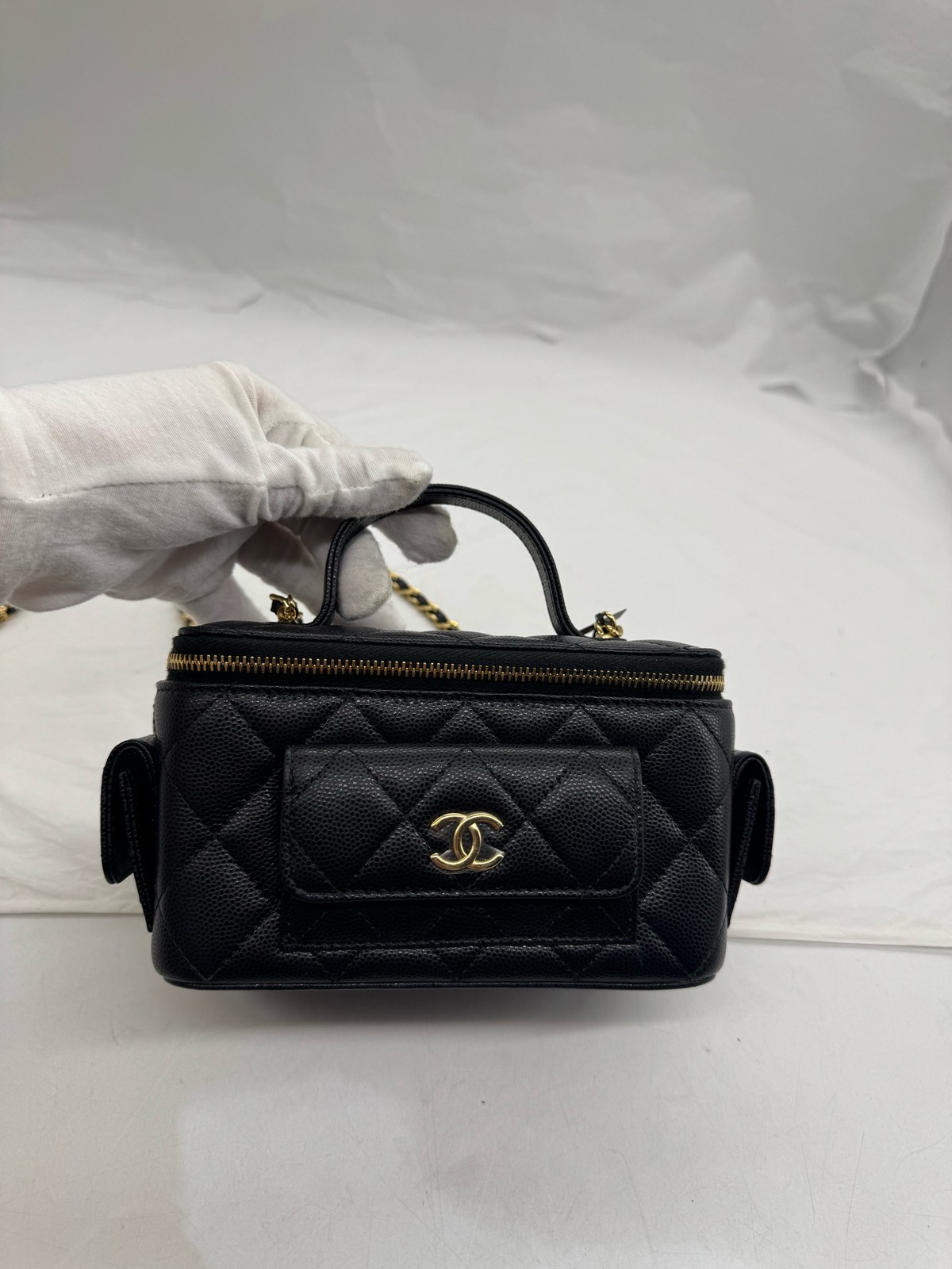 Chanel 23B Caviar Cargo Long Box 16cm Black Caviar Top Handle Crossbody Duty Pai