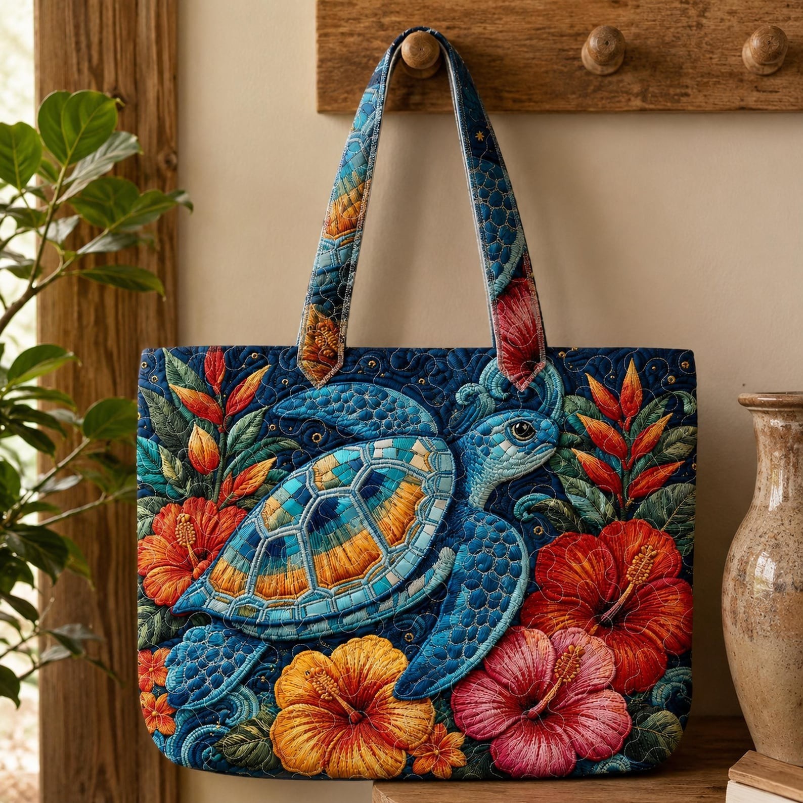 Tropical Sea Turtle Quilted Tote Bag, Personalized Hibiscus Ocean Handbag, Color