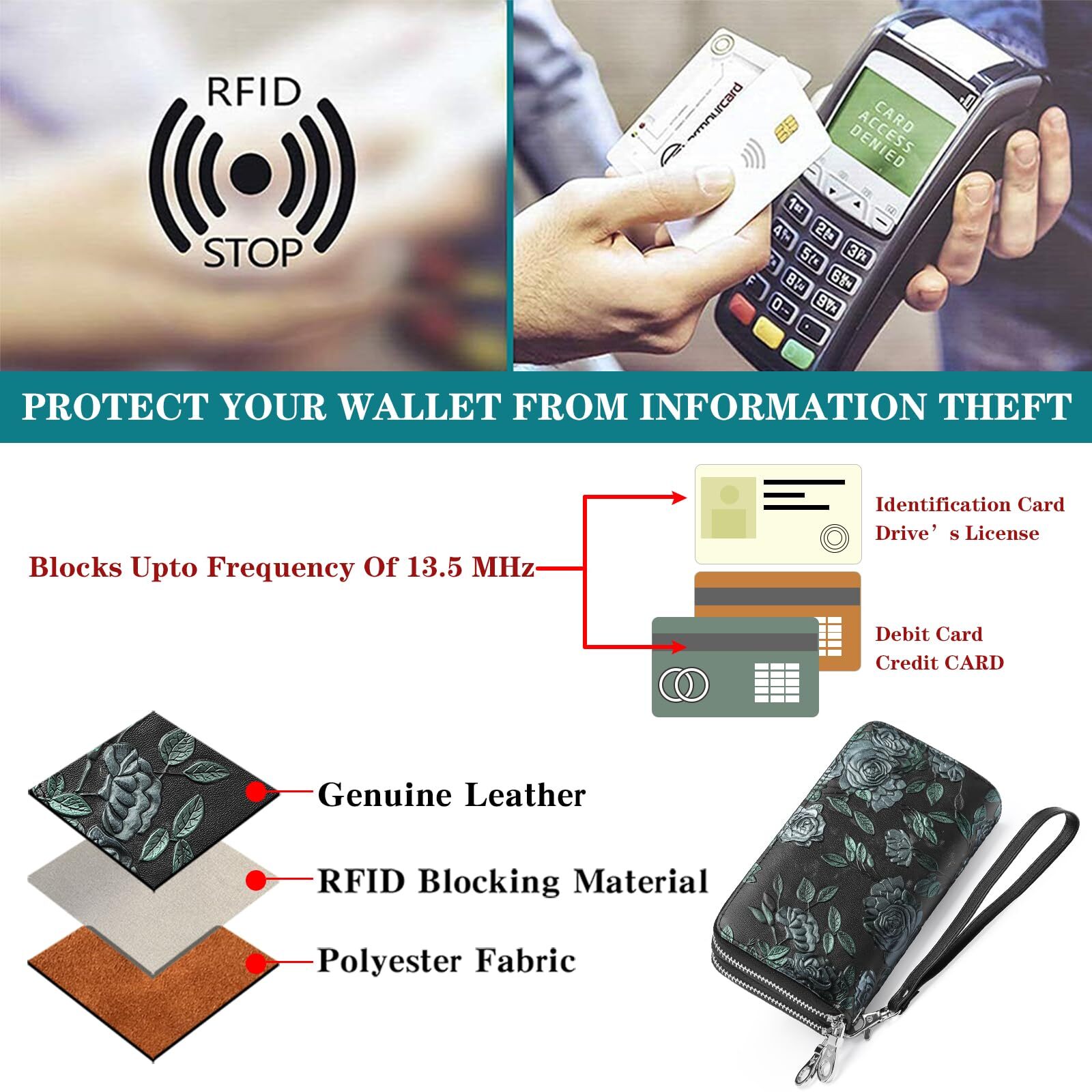 RFID Blk Genuine Leather Travel Large Phone Case Wristlet Fashion Womens Wallet