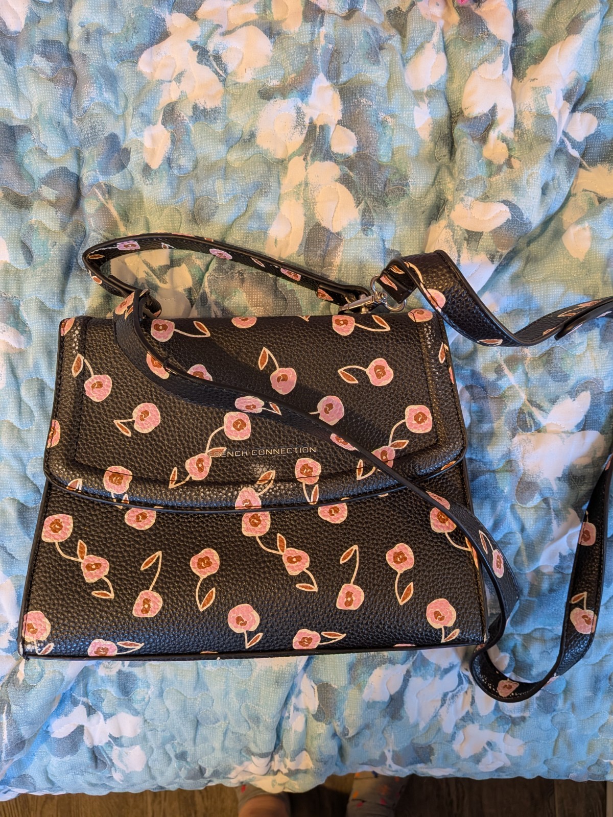 French Connection Faux Leather Clover Pebble Crossbody Black & Pink Floral