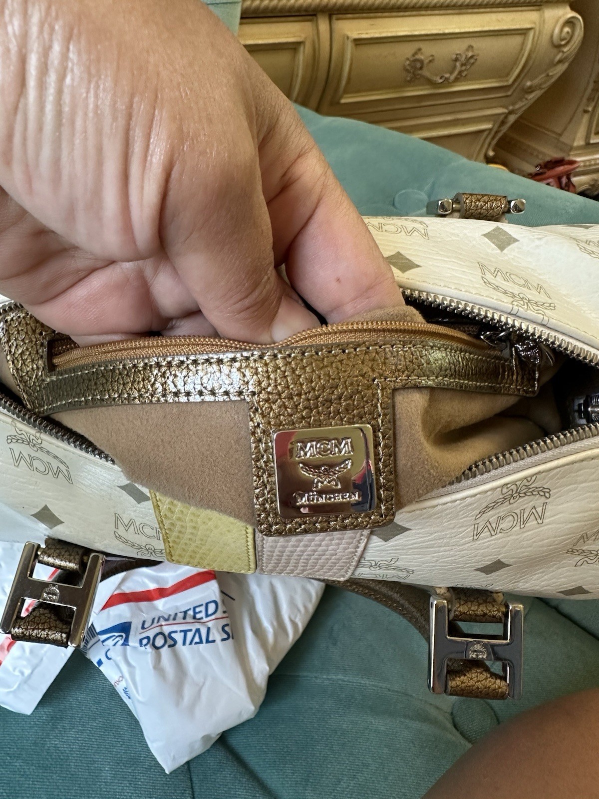 MCM White/Brown Monogram Satchel Top Handle Zip Inner Pockets Key Silver