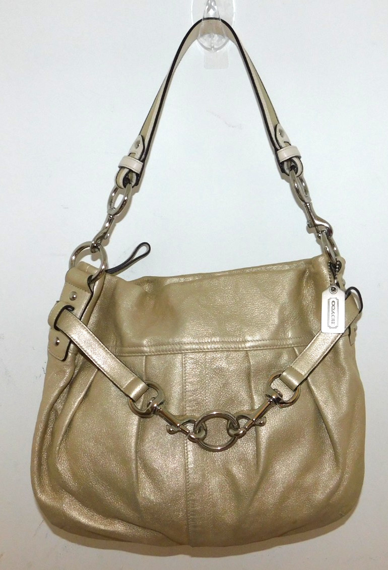 Coach Shimmer Metallic Gold Soft Pleated Goat Suede Belted Hobo Shoulder Bag