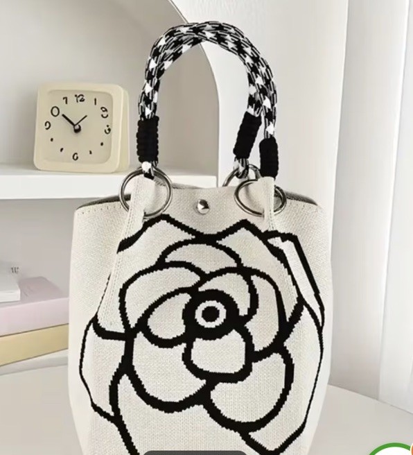 Elegant Floral Design White/Brown Bucket Bag. Top Handle, Detachable Strap