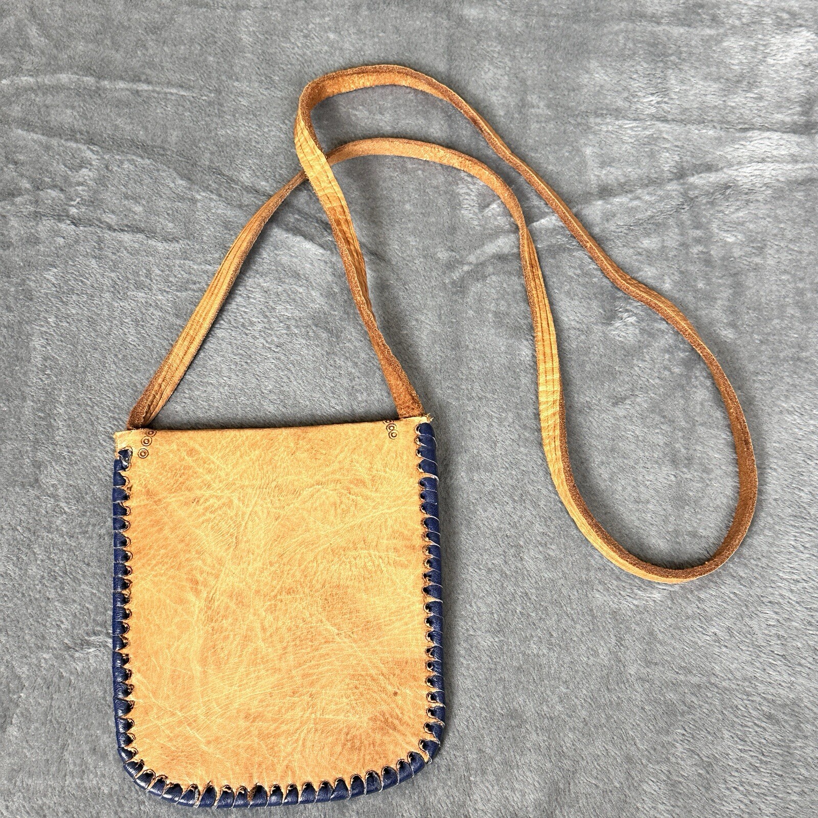 VTG Handcrafted Pouch Crossbody Bag Purse 6 Inch Leather Tooled Tan Blue Trim