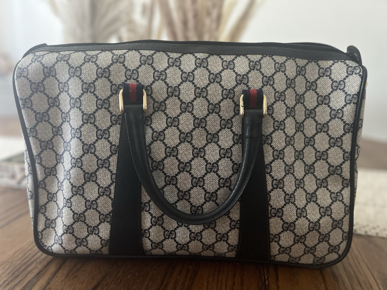 Gucci Joy Black Strap Boston Bag Medium Brown Canvas
