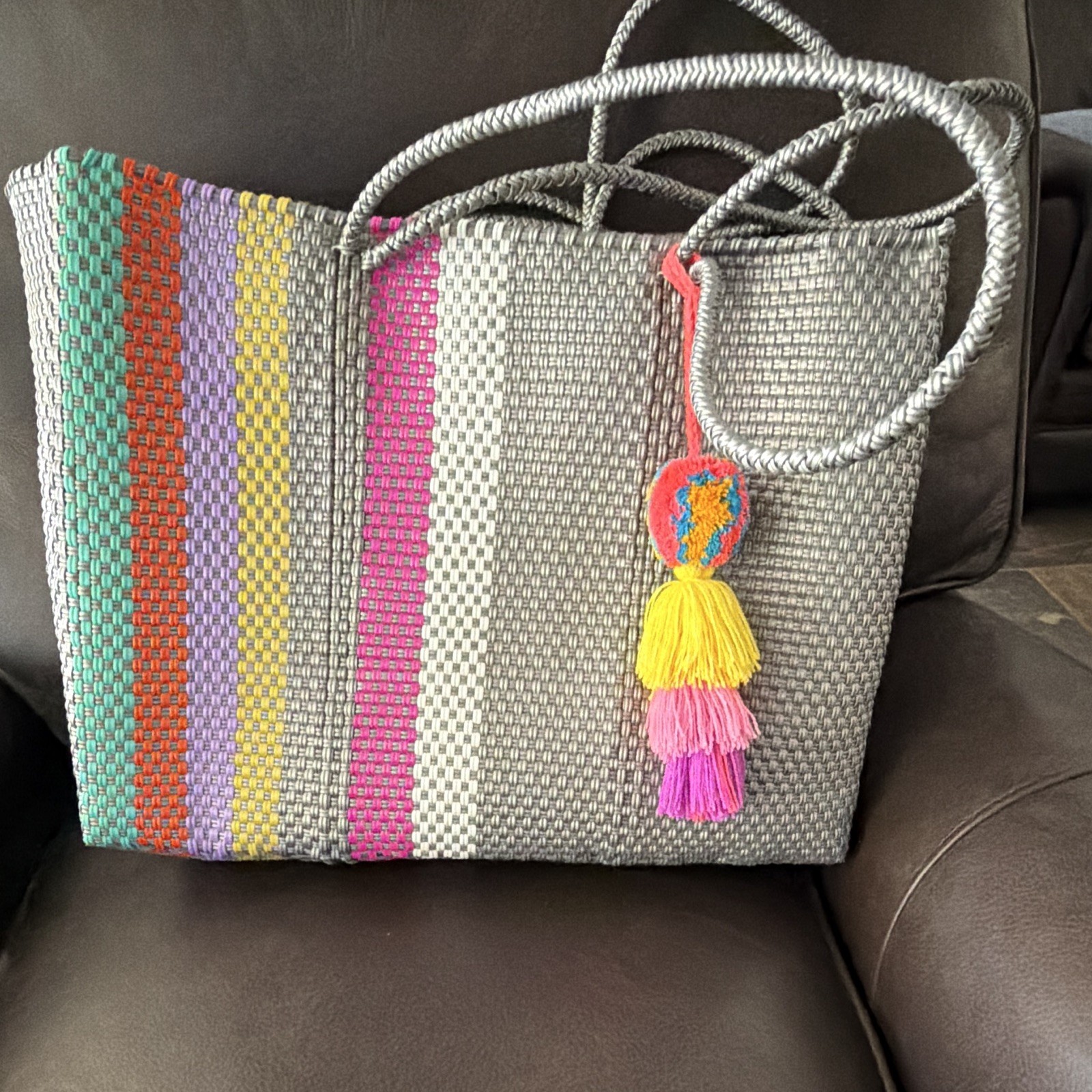 Large Women’s Tote Bag Gray/Multicolor Stripes Tassel Bag Charm Lightweight