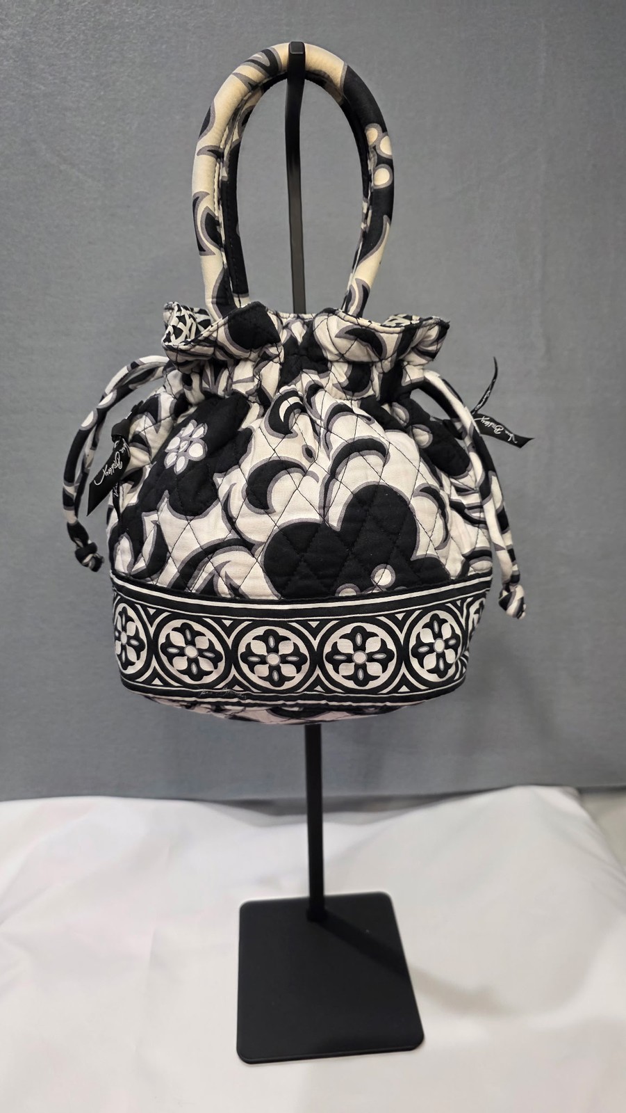 Vera Bradley Quilted Cotton Drawstring Bag Black White Floral Geometric Pattern