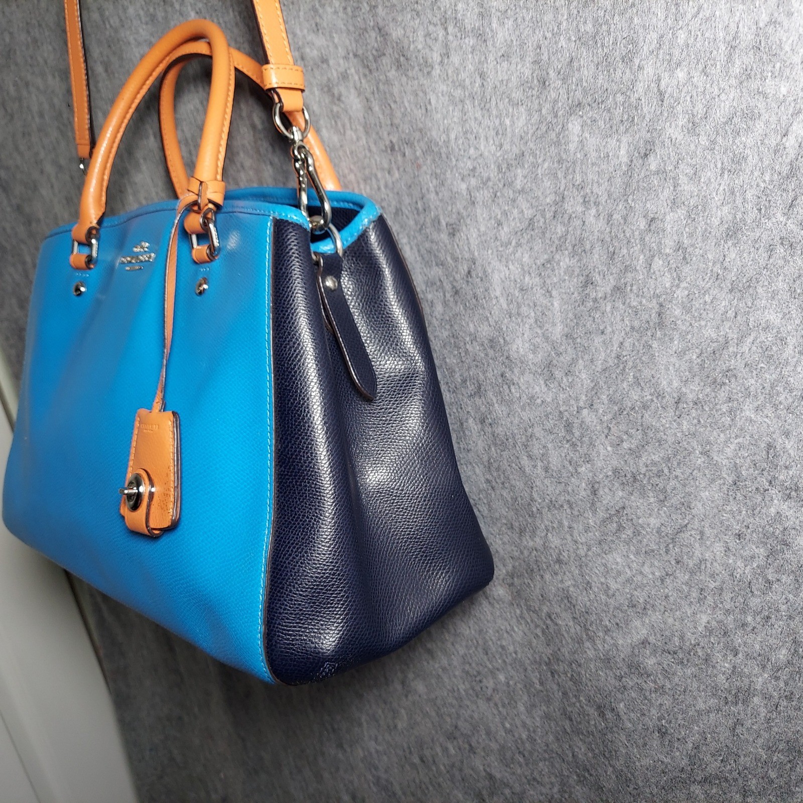Coach Pebbled Leather Satchel Crossbody Bag Handbag Blue Orange Shoulder Purse