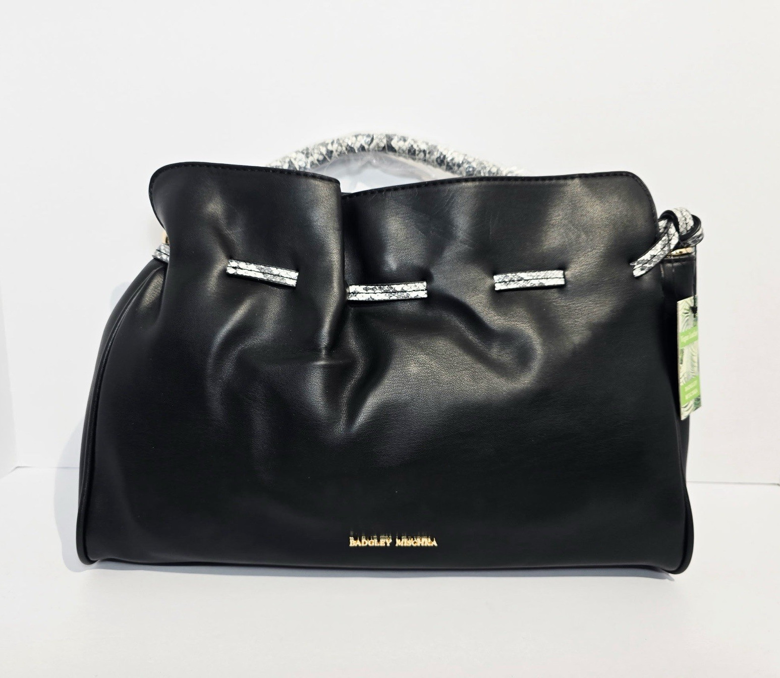 Badgley Mischka Black Vegan Leather Drawstring Satchel Handbag Snakeskin NWT