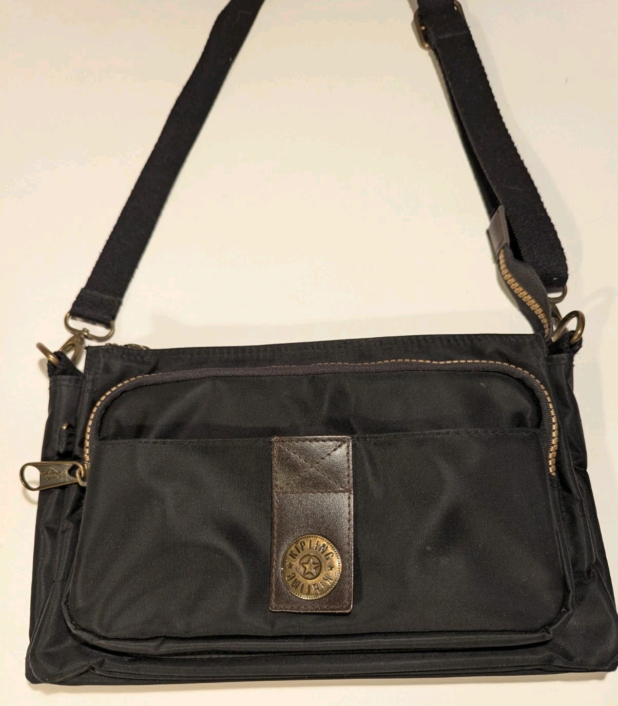 Kipling Black Nylon Crossbody with Brown Leather Trim