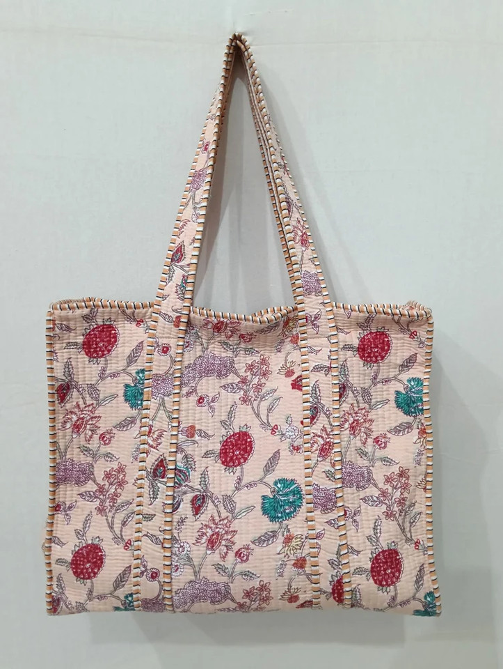 Indian Cotton Quilted Tote Bag Peach Print Handmade Shoulder Bag