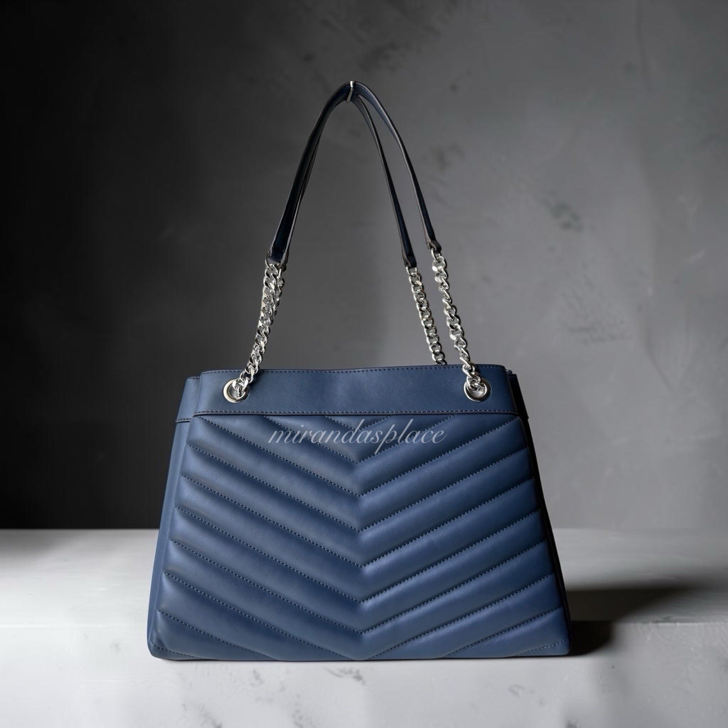 NWT Michael Kors Whitney Medium Navy Leather Quilted Chain Shoulder Tote Bag