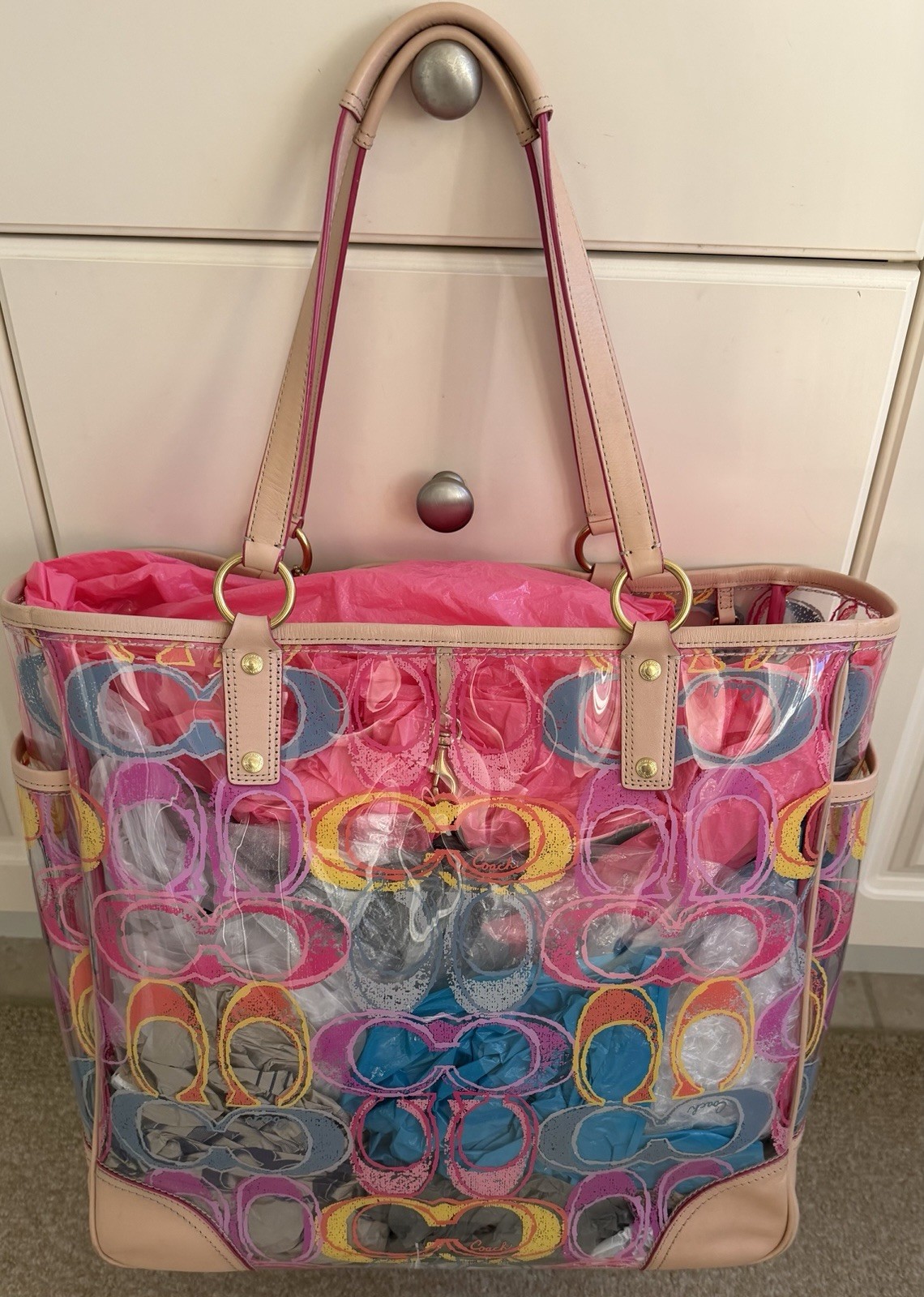 COACH MULTICOLOR SIGNATURE PVD CLEAR TRANSPARENT XLARGE TOTE 22513