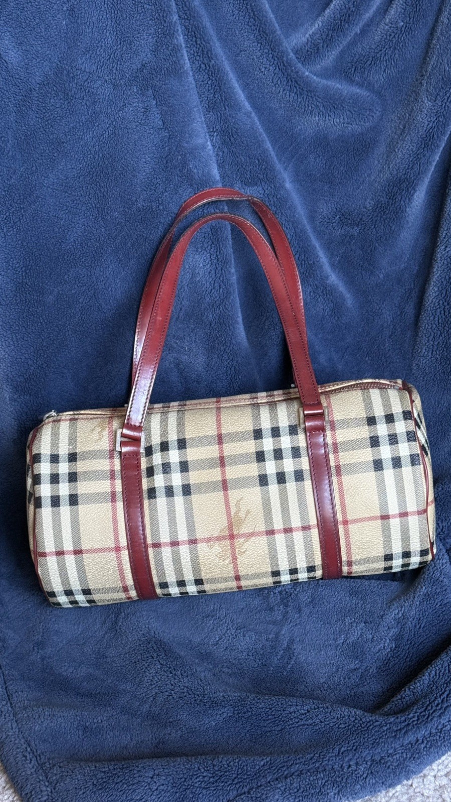 Authentic Vintage Burberry Barrel Bag – Iconic House Check with Red Leather Trim