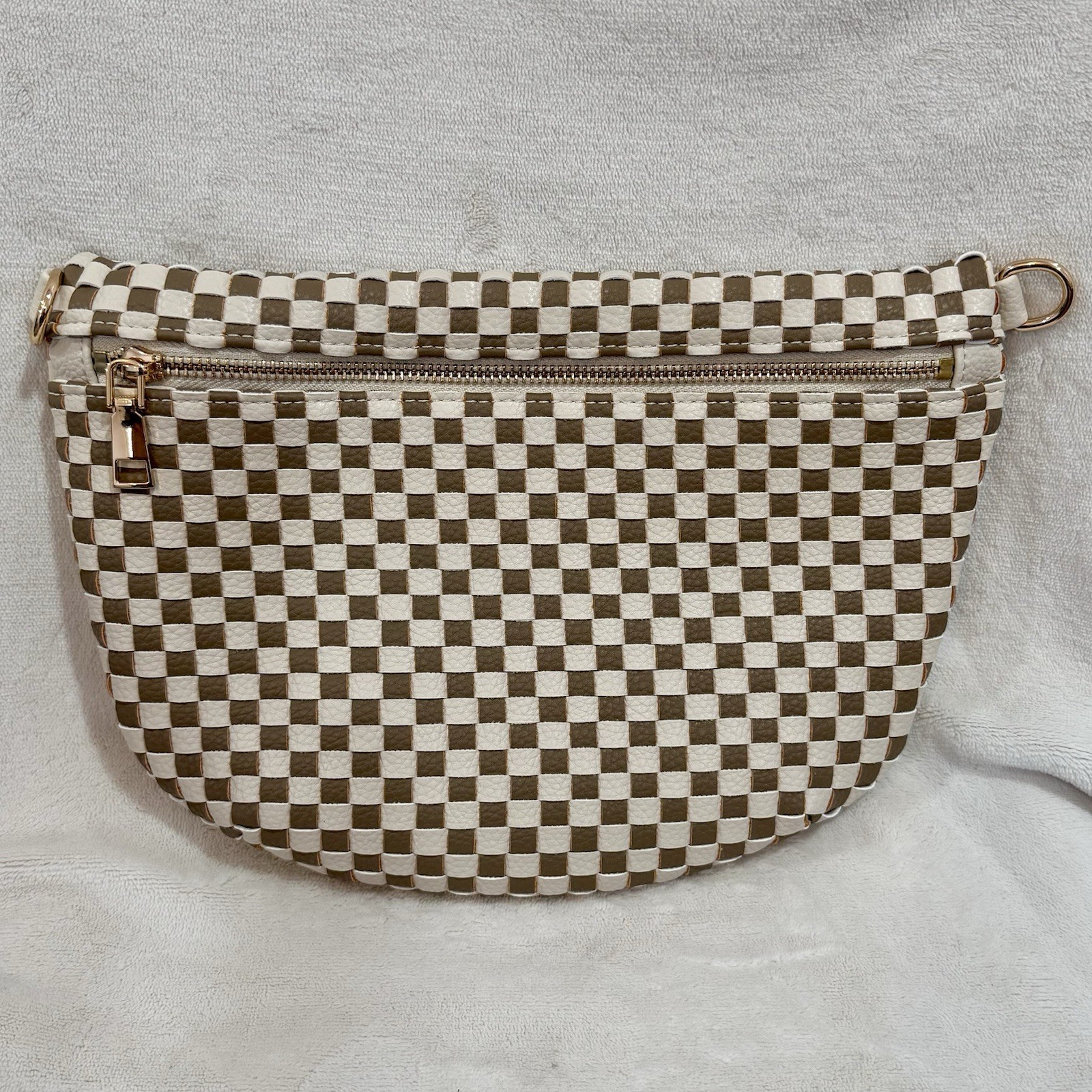 New Brown/Cream Woven Checkered Crossbody Half Bum Bag Long Strap Size Inclusive