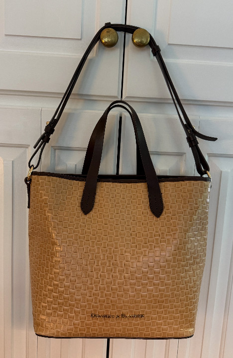 Dooney Bourke Tan Beige Brown Woven Embossed Leather Lilliana Satchel Tote Bag