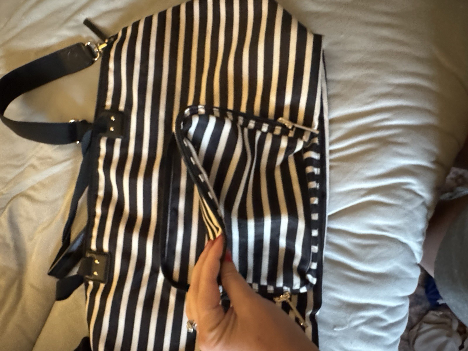 kate spade Watson Lane Lyla Black & White Stripes Nylon Packable Weekender Bag