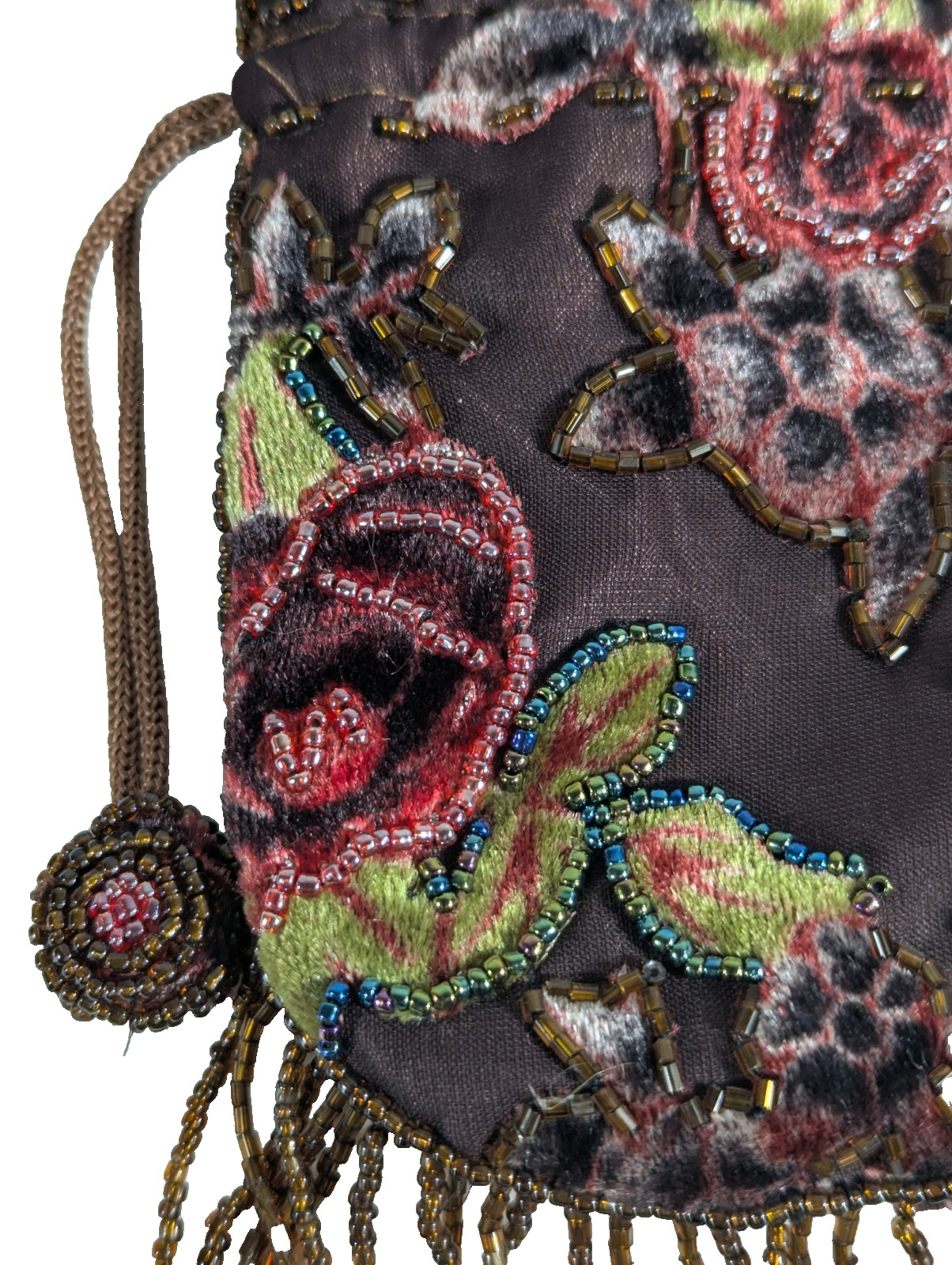 Beaded Small Brown Velvet Bag trimmed in iridescent beads, perfect for ID Credit