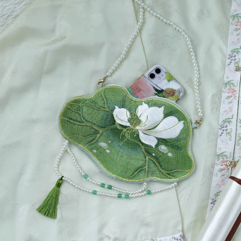 Ladies Lotus Leaf Shape Embroidery Handbag Crossbody Hanfu Bag Faux Pearl Chain