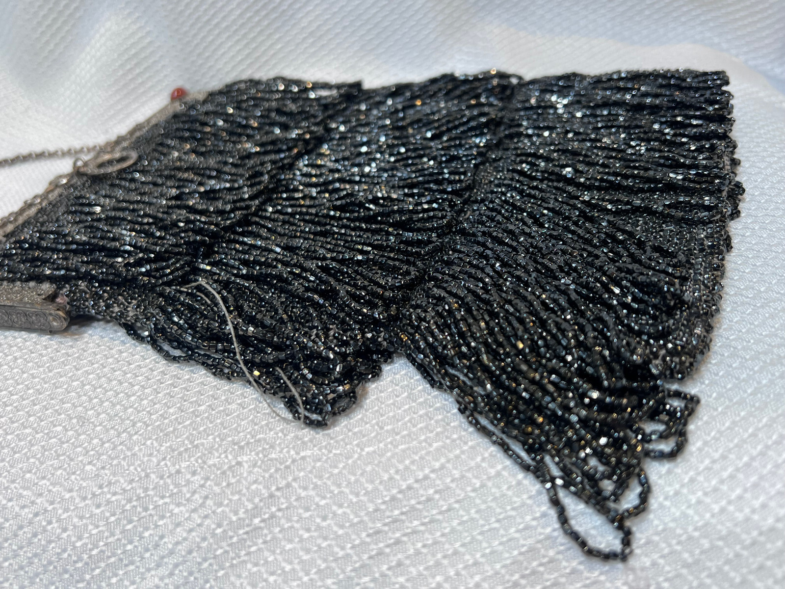 Vtg Fringe Flapper Style Evening Purse Seed Bead Ornate Frame Cabochon