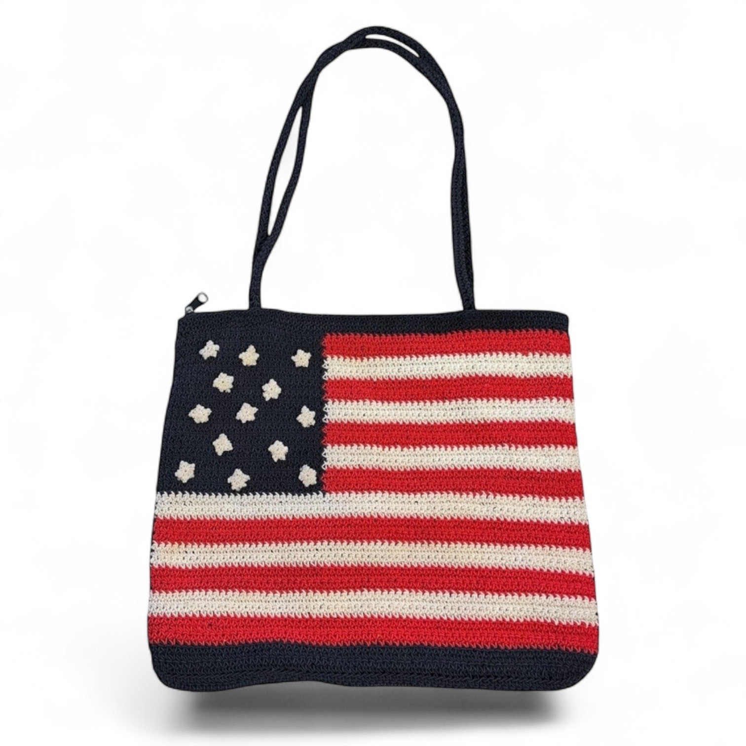 Chateru Patriotic Knit Tote Bag Red White Blue 13 Star American Flag Crochet Bag