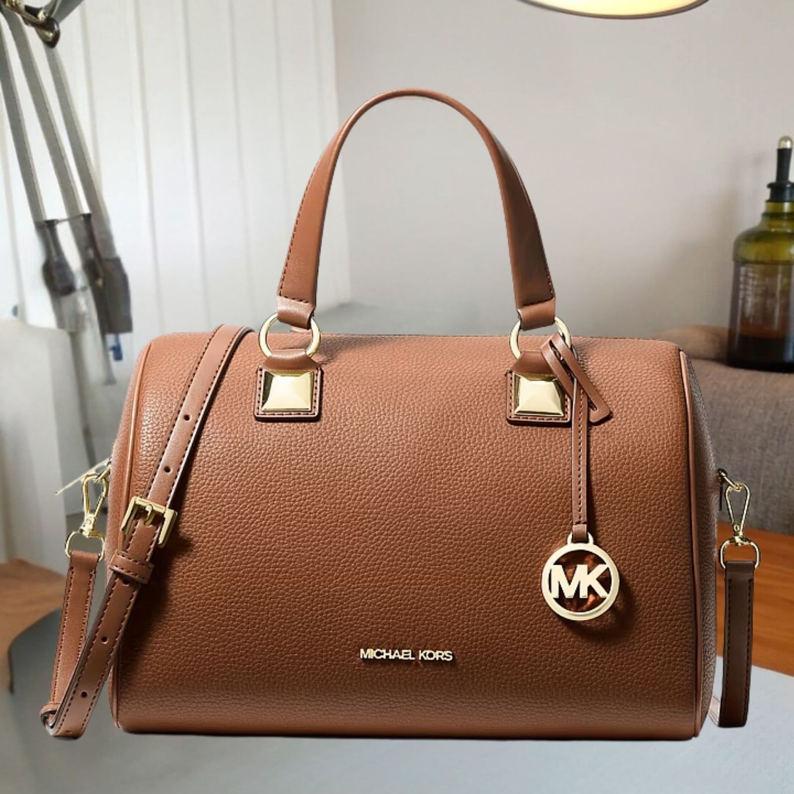 Michael Kors Grayson Women Medium Pebbled Leather Duffel Crossbody Bag Luggage