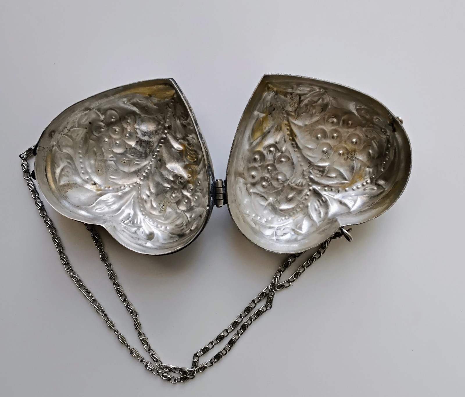 Vintage Hinged Embossed Heart Wristlet Box-Purse with Chain, Silver-Plated Brass
