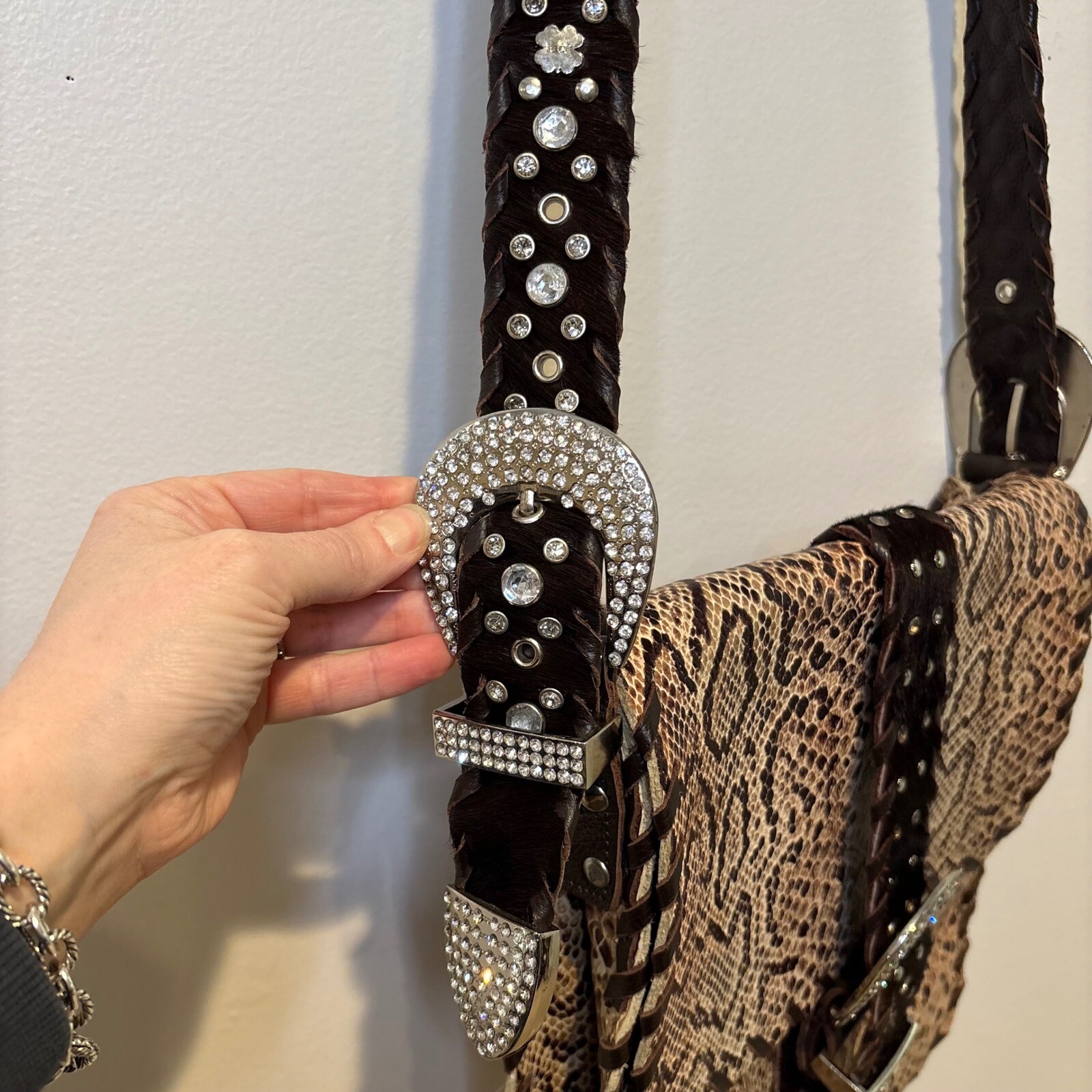 Charm & Luck Genuine Leather Hobo Snakeskin Bag Rhinestone Cowgirl Festival