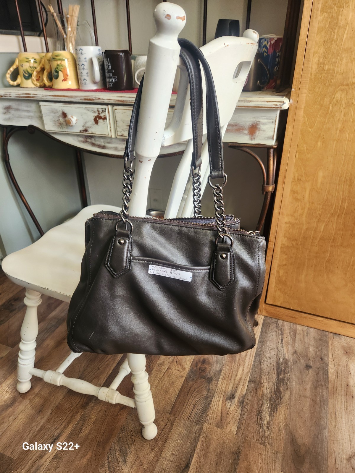 Simply Vera Vera Wang Brown/Black Satchel Top Handle Bag Chain Handles Multi Zip