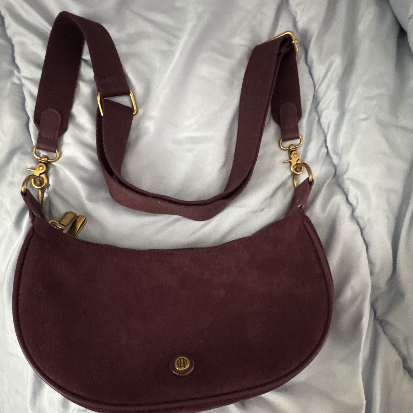 Burgundy Crescent Shoulder Bag, Medium, Zip Closure, Gold Hardware, Strap