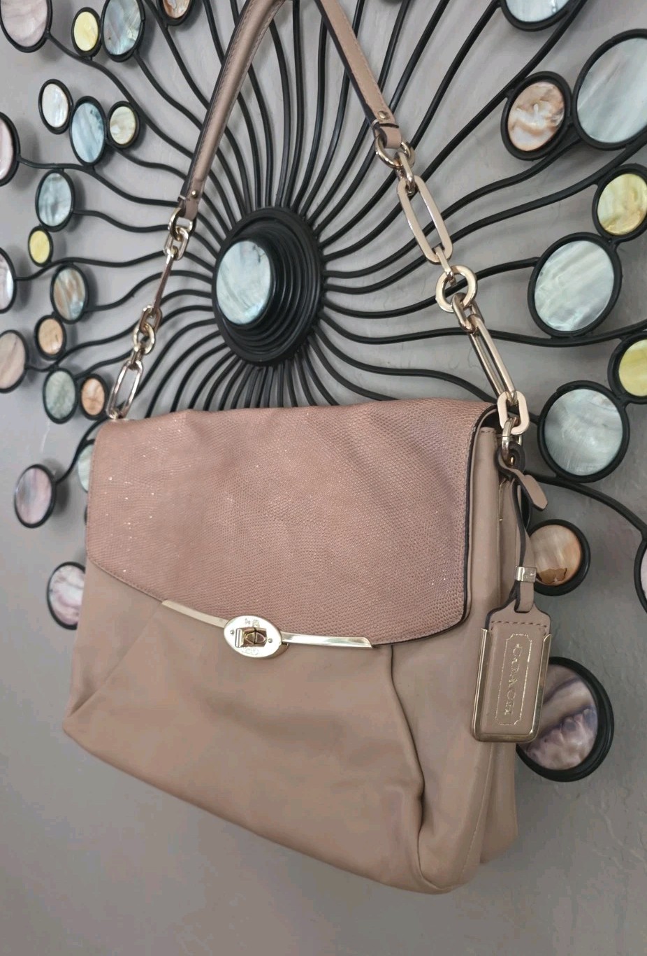 COACH Madison Glitter Lizard Beige Leather Chain Strap Shoulder Bag Clutch 25240