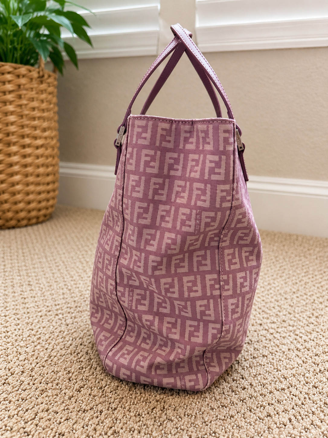 Authentic Vintage Fendi Lavender Zucchino FF Monogram Tote Bag leather handles