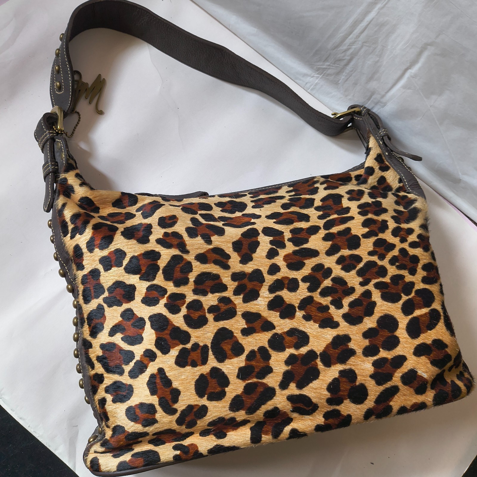 Leopard Print American West Bag Brown Leather with Metal Details