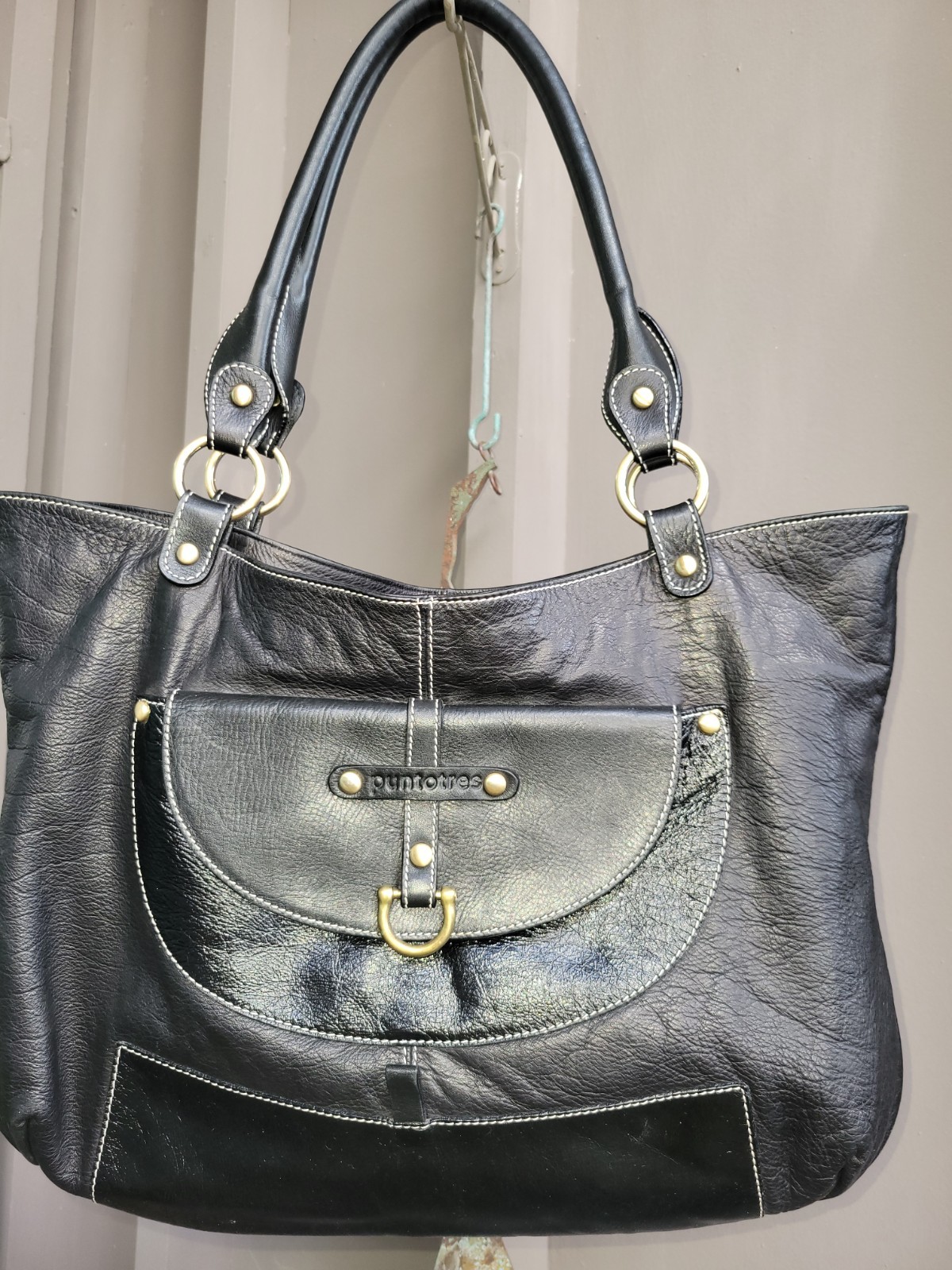 Puntotres Large Zip Tote Black Pebble Leather Shoulder Bag w/Pockets Made Spain