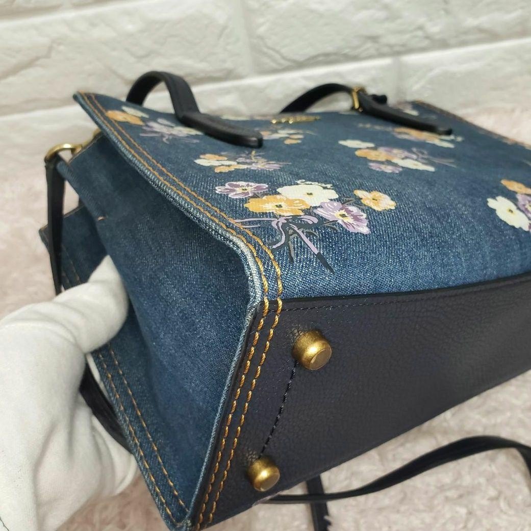 COACH Denim Flower Floral 2 Way Shoulder Handbag Excellent Condition