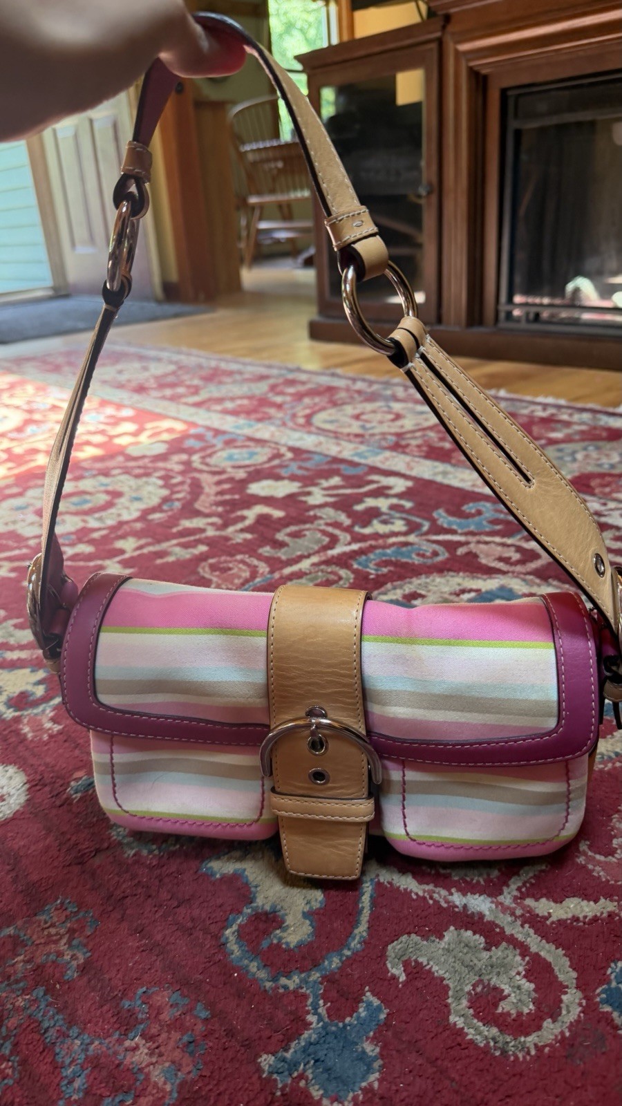 Coach Striped Multicolor Small Shoulder Bag w/ Detachable Strap Buckle Magnetic